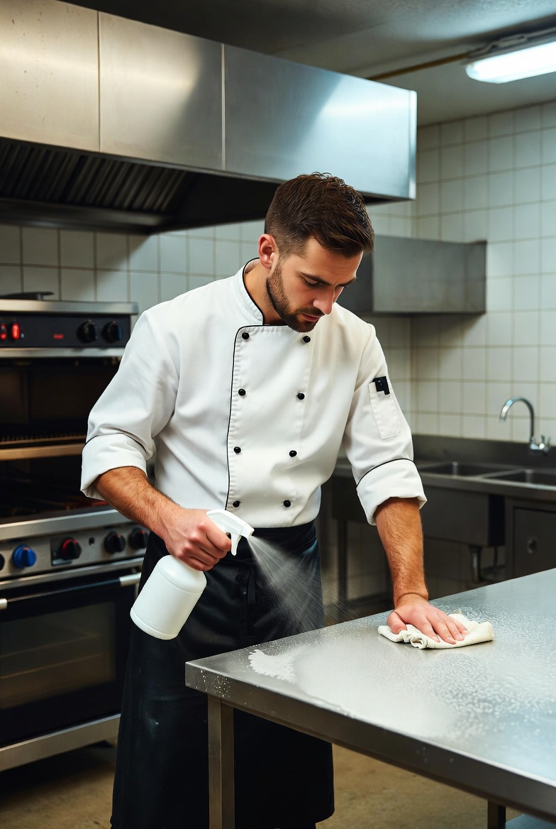 Chef cleaning with sanitizer