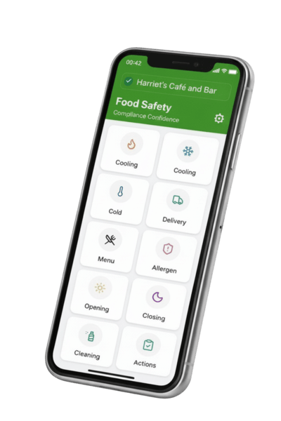 Digital food safety management app on a smartphone showing temperature checks, allergen records, cleaning logs, and opening and closing checks for a café or restaurant.