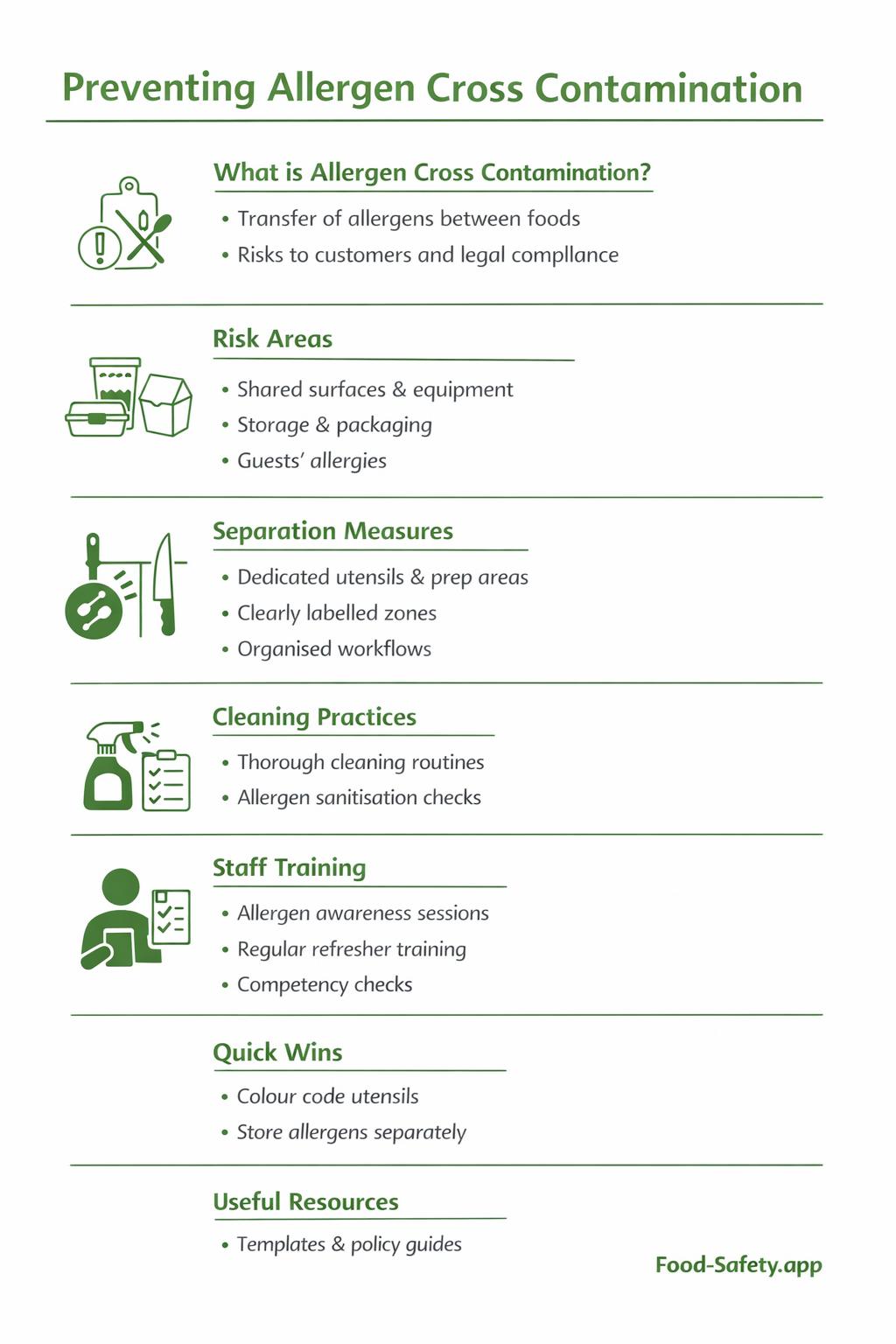 Kitchen staff preventing allergen cross contamination during food preparation