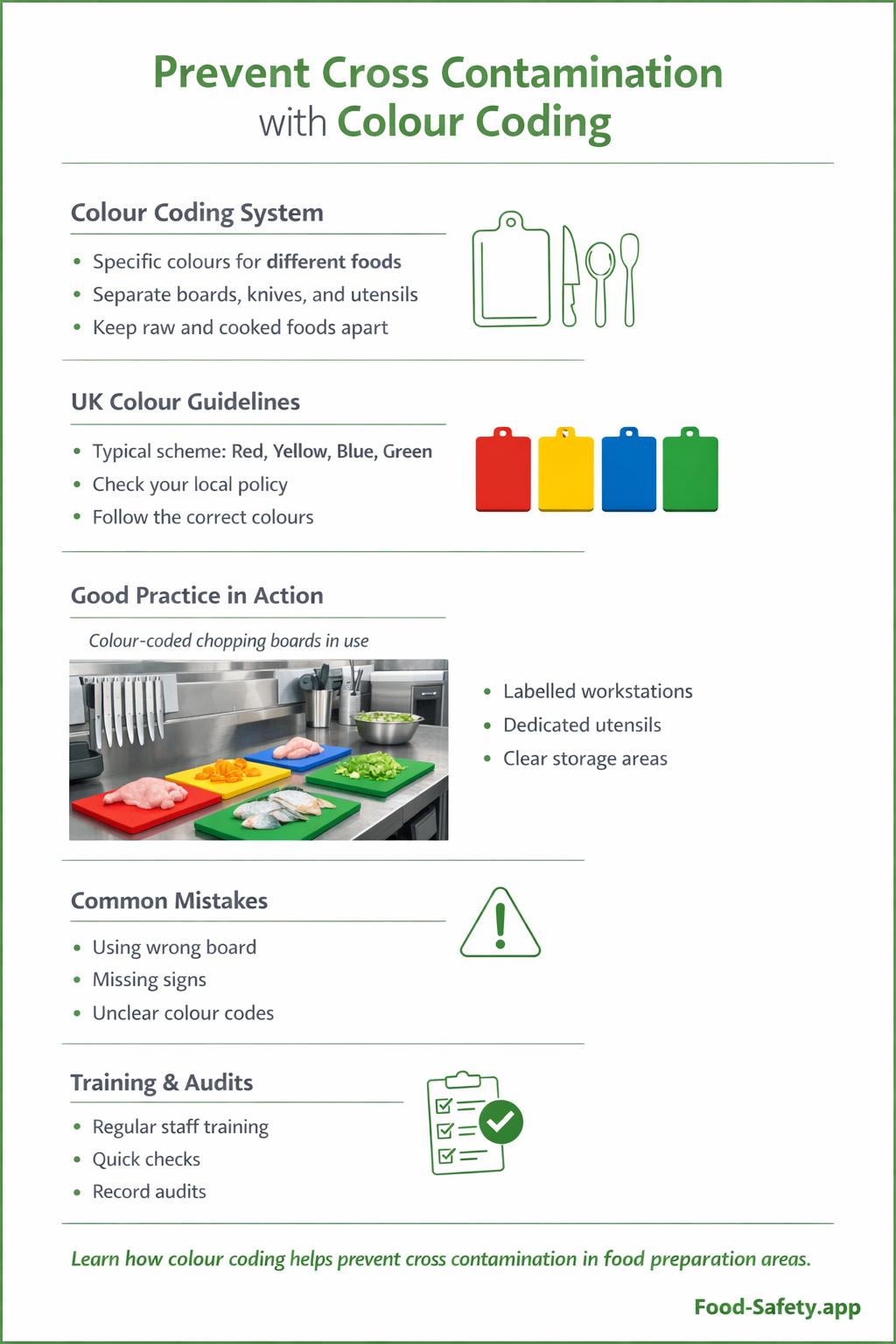 Colour coded chopping boards and kitchen cleaning equipment used to help prevent cross contamination in a commercial kitchen