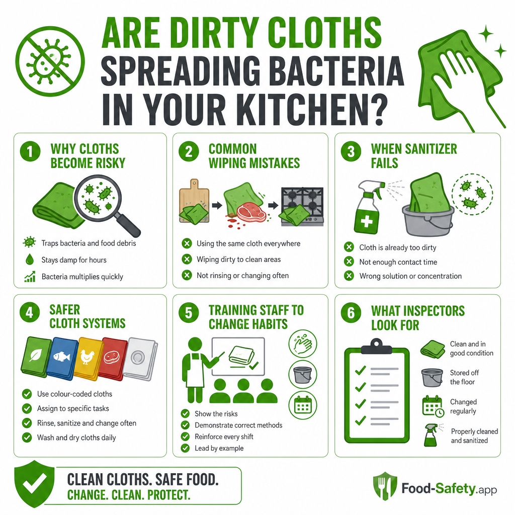 Dirty cloths spreading bacteria in a kitchen