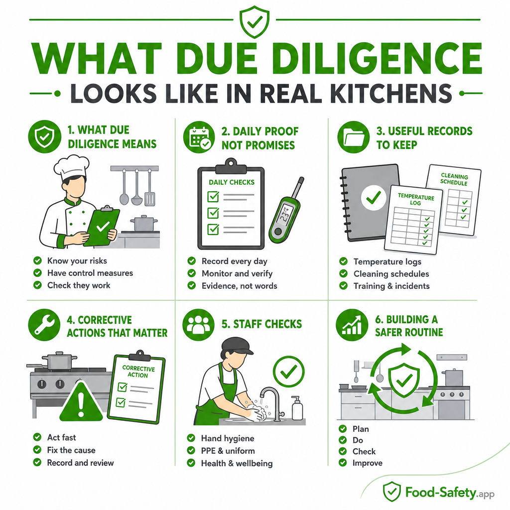 What Due Diligence Looks Like in Real Kitchens Keep proof, not promises – concept illustration of daily kitchen records