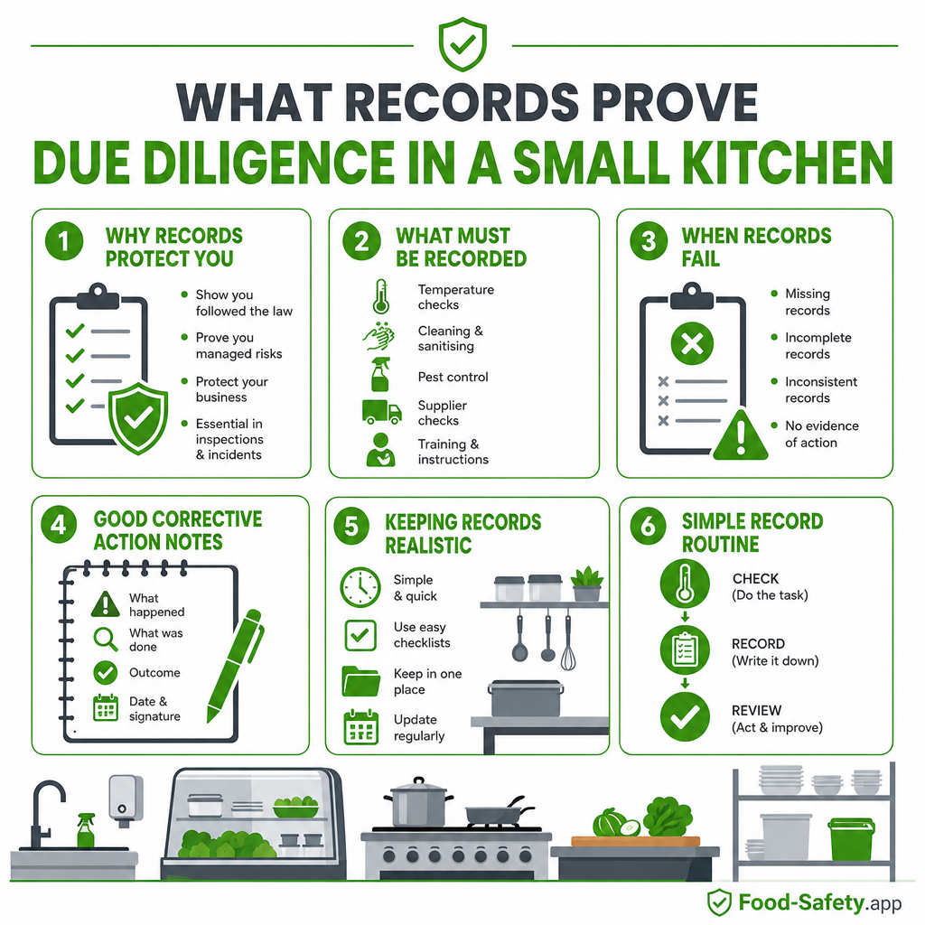 What Records Prove Due Diligence in a Small Kitchen A log of temperature checks and task records showing times, items and temperatures
