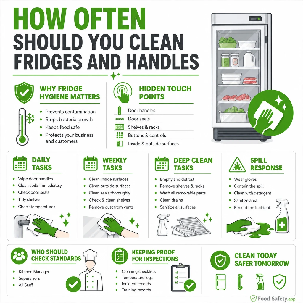 Fridge handles, shelves and seals touched during service