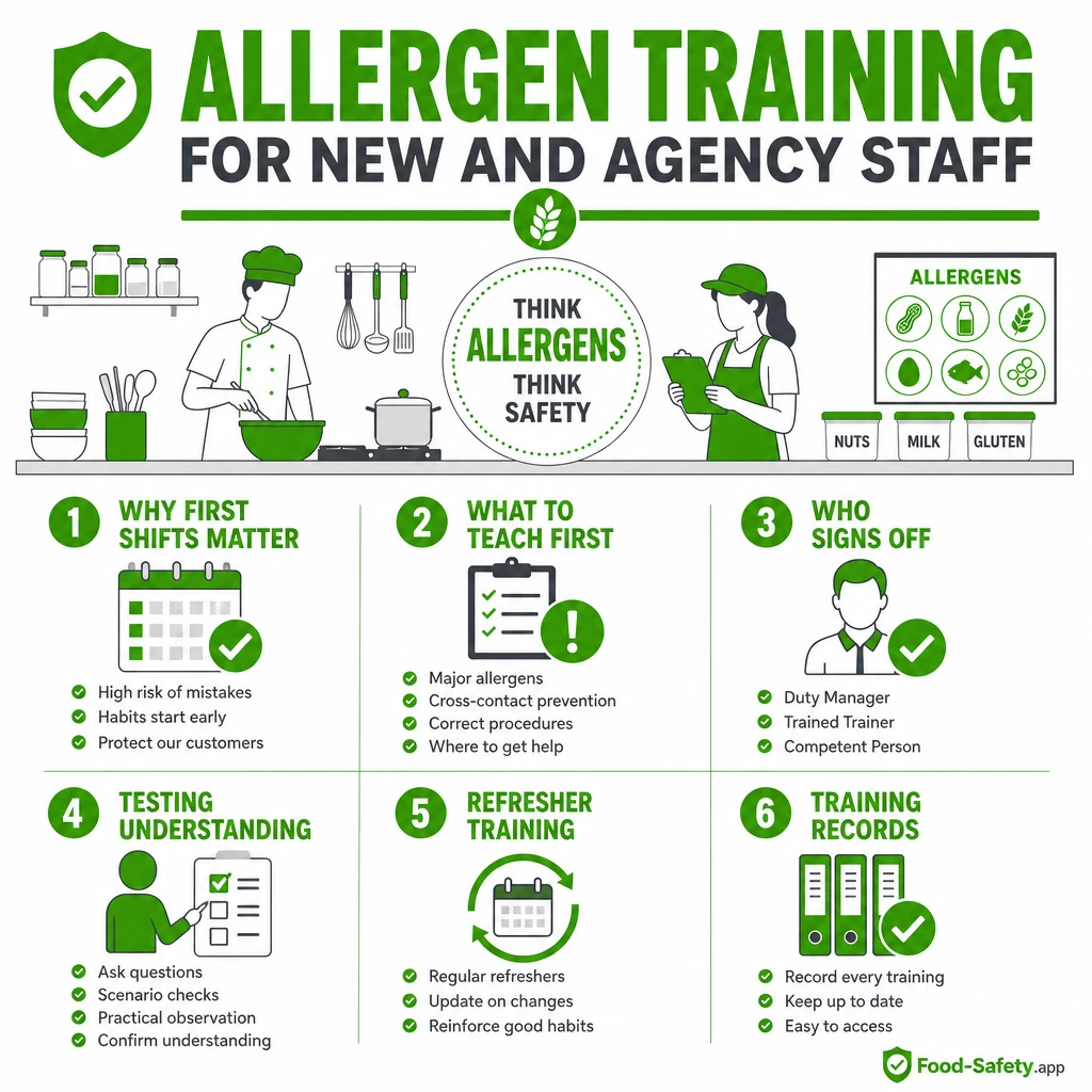 Allergen Training for New and Agency Staff Trainer guiding new staff through allergen training in a kitchen
