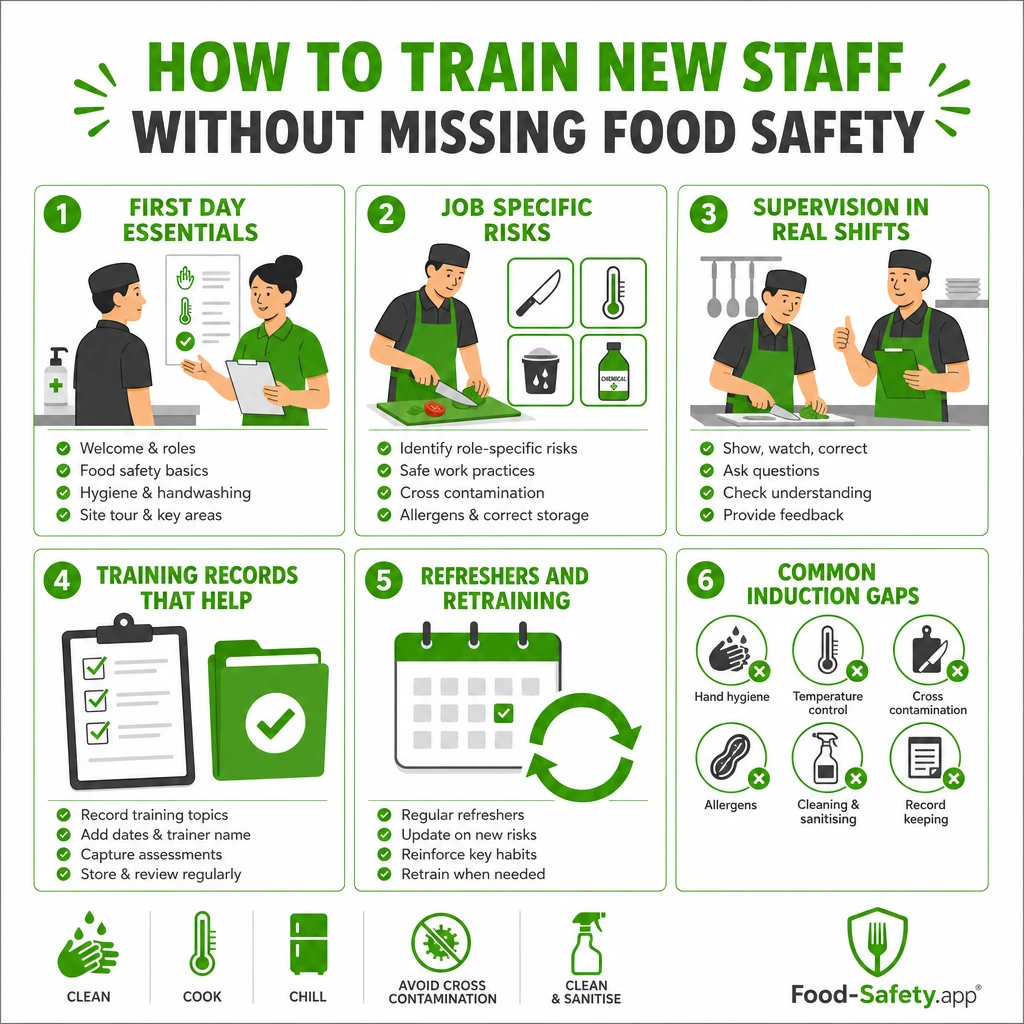 Trainer guiding a new staff member through induction in a kitchen