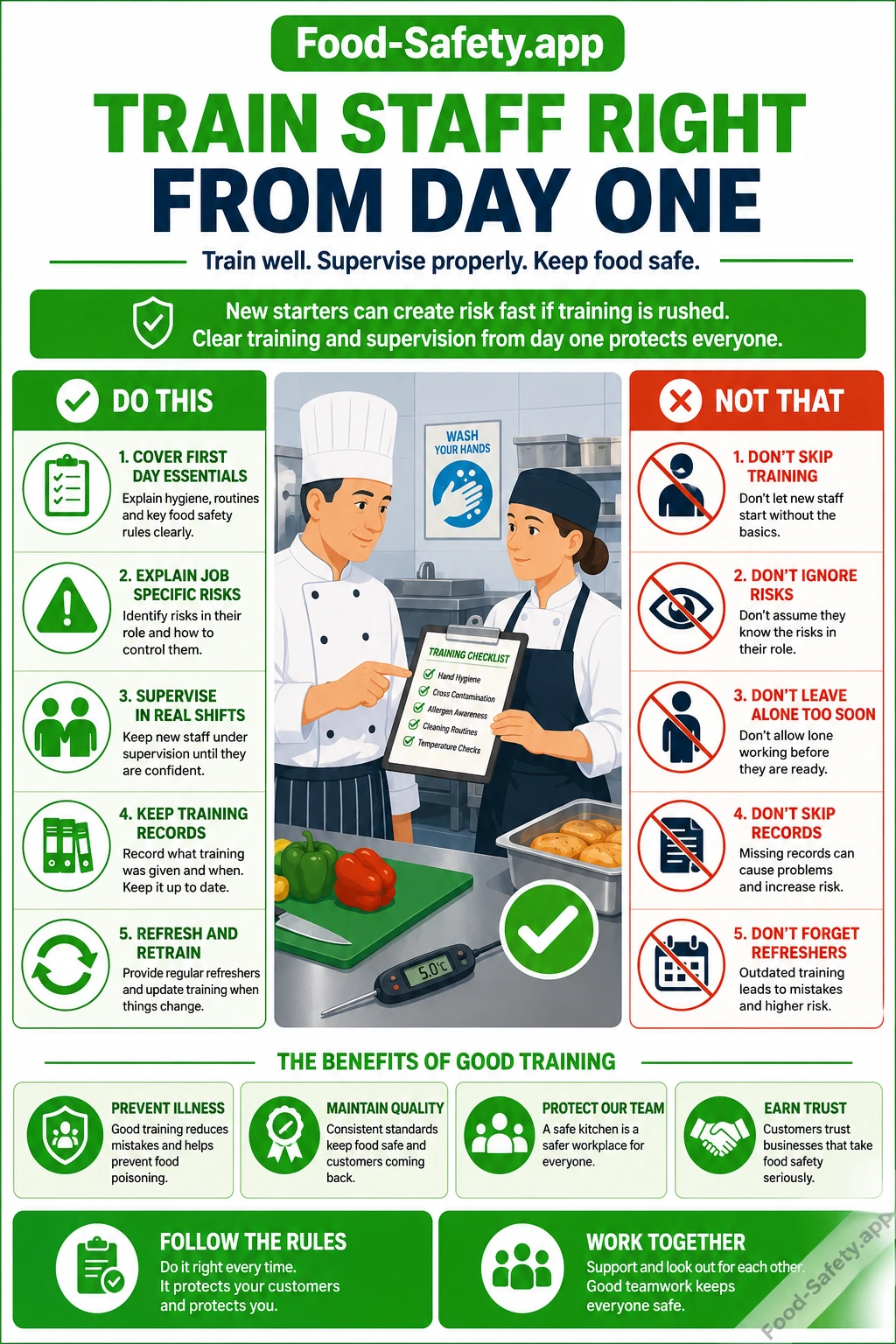 Supervisor overseeing a new staff member in a kitchen during training
