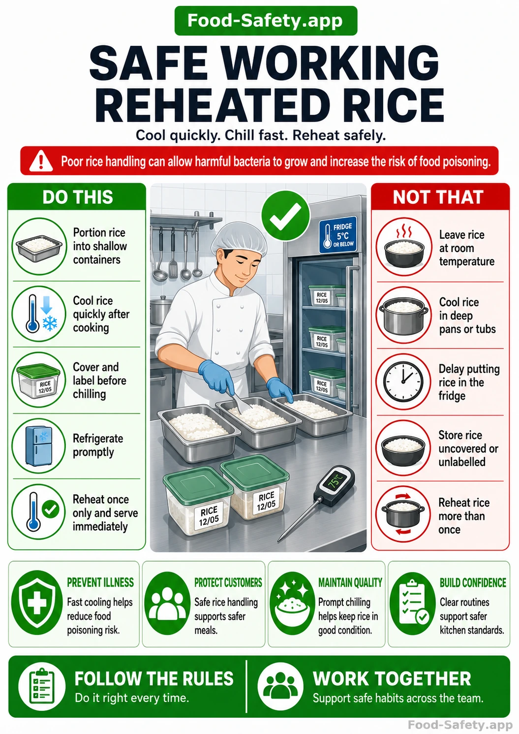 Reheated rice cooling and safe storage in a kitchen (reminder image)
