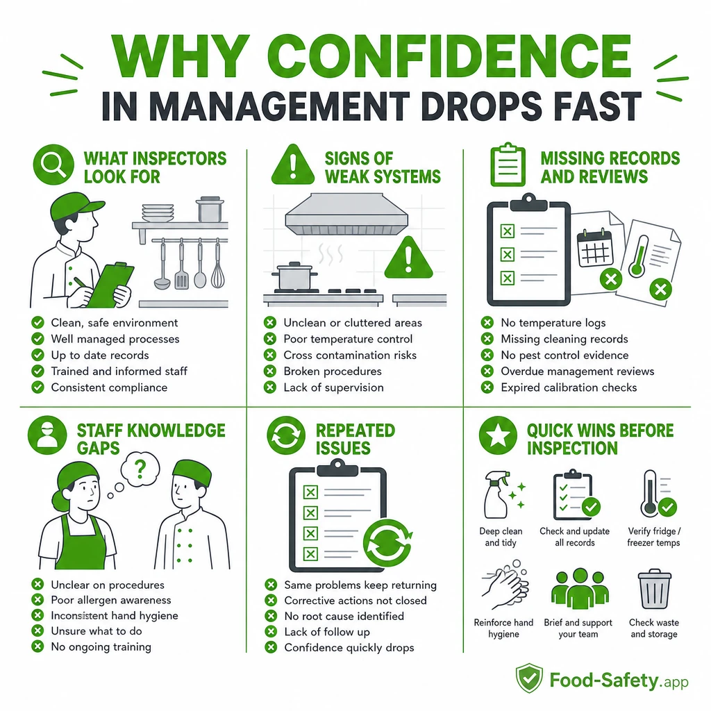 Why Confidence in Management Drops Fast Inspector noting weaknesses in a kitchen management system