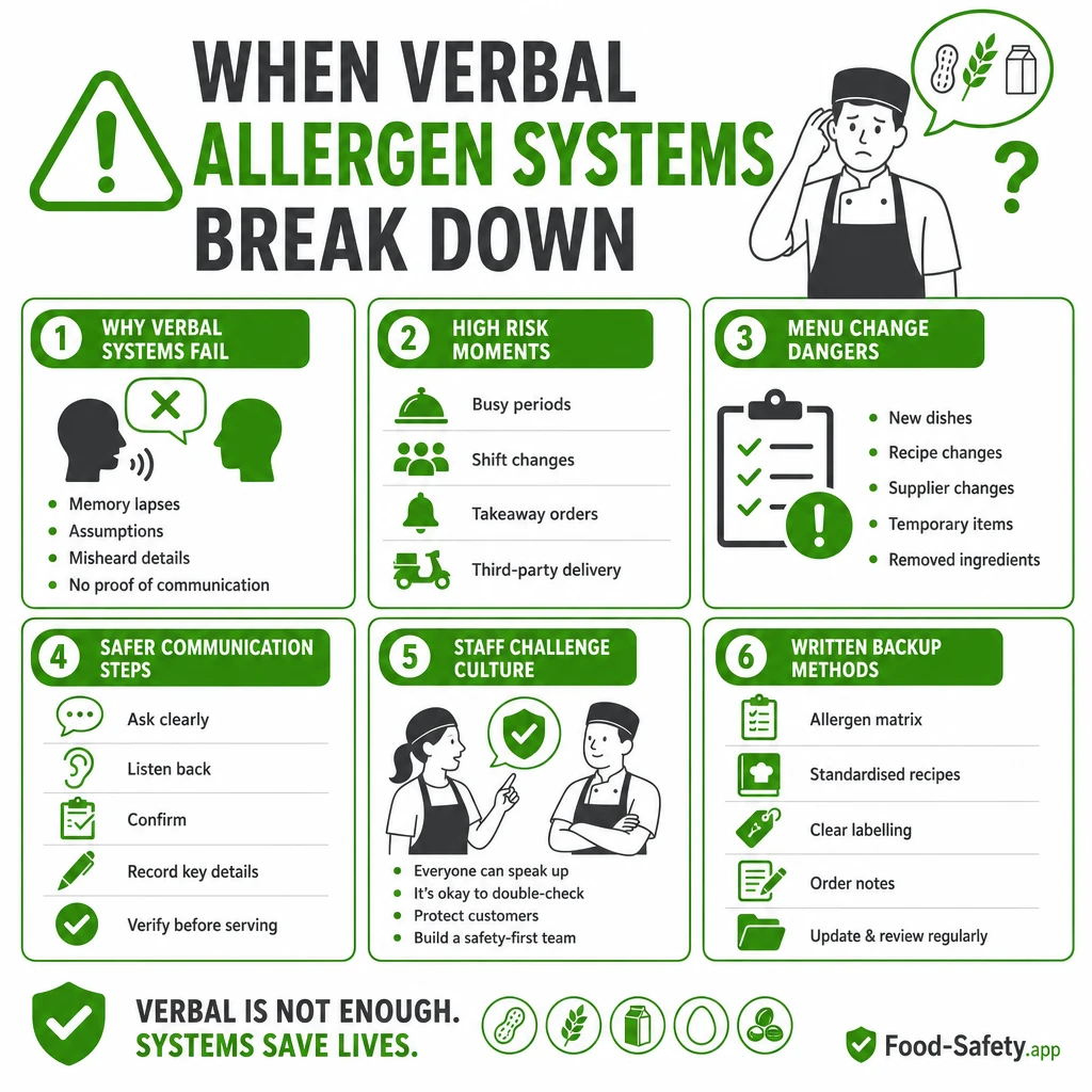 Never rely on memory for allergen answers in kitchens