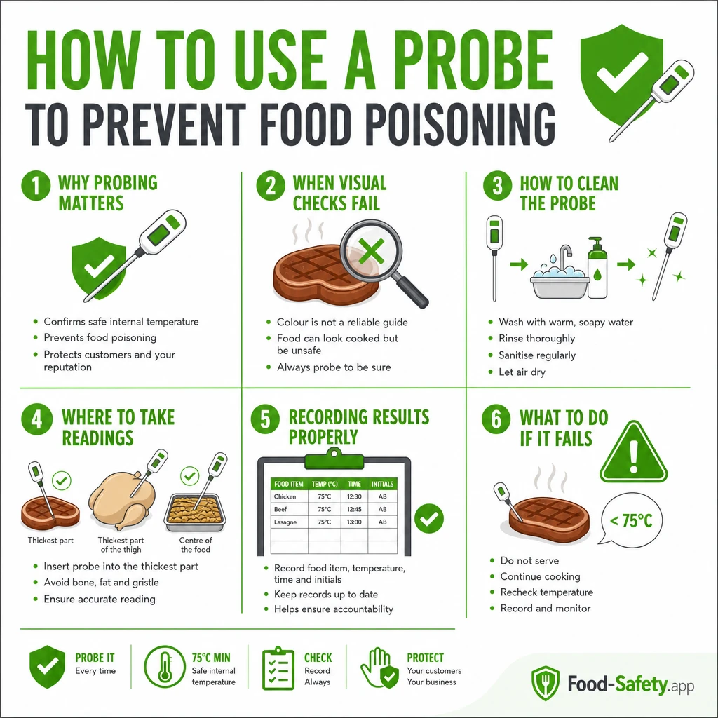 Probe inserted into the thickest part of meat to check internal temperature