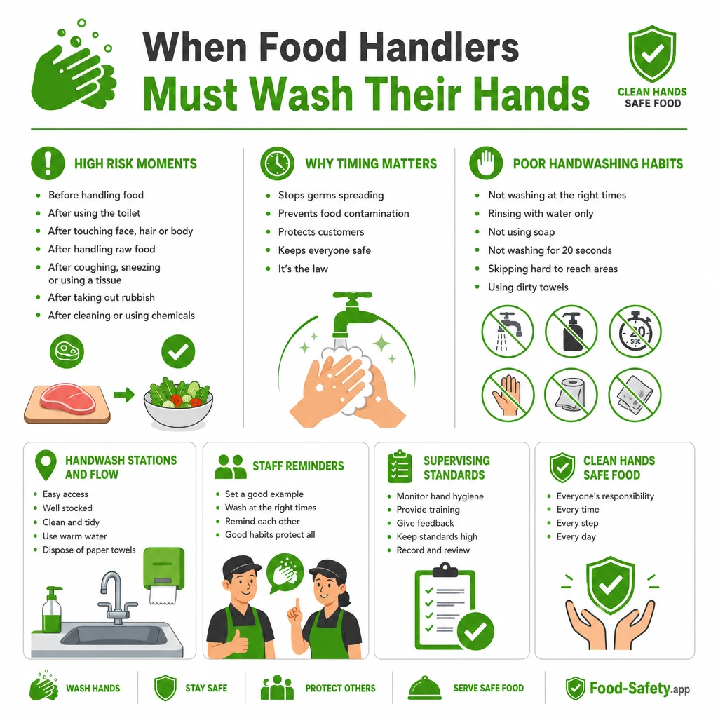 When Food Handlers Must Wash Their Hands Food handler washing hands at a commercial kitchen handwash basin