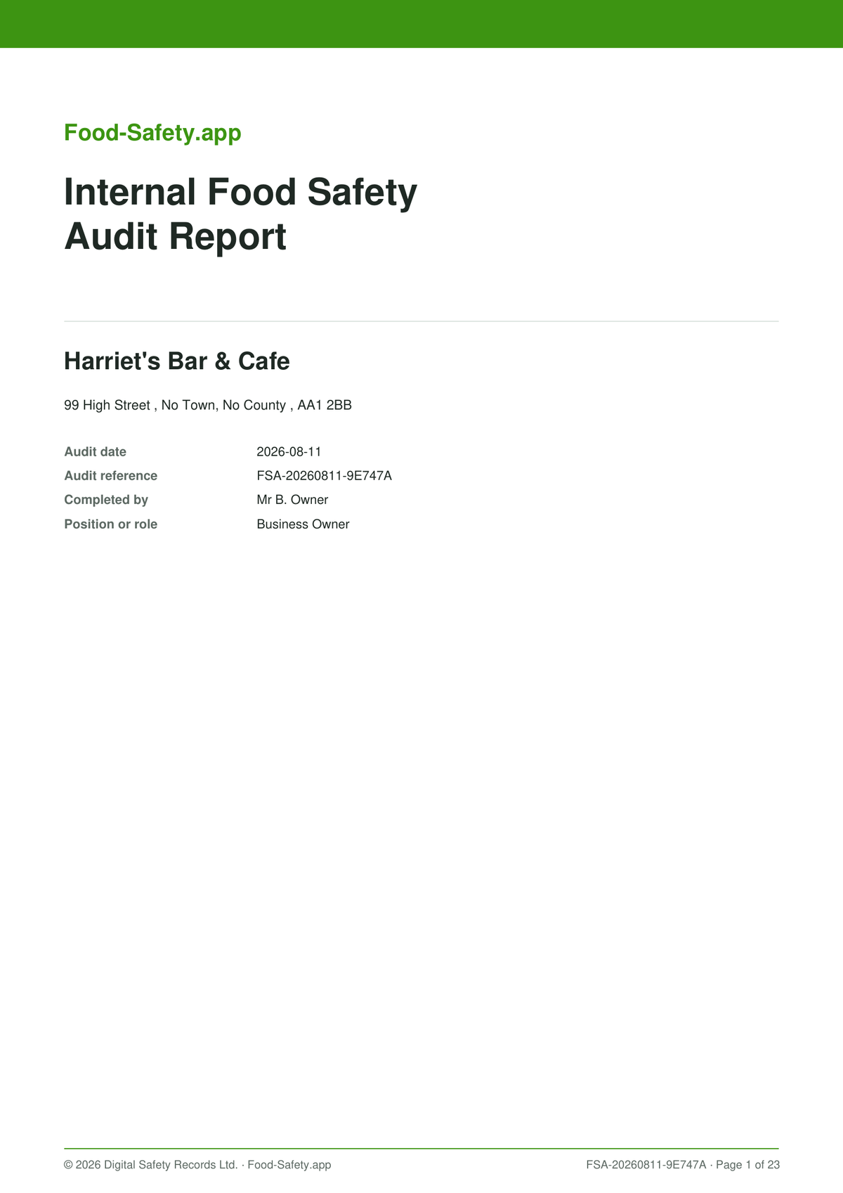 Front page of an example Food-Safety.app Internal Food Safety Audit report